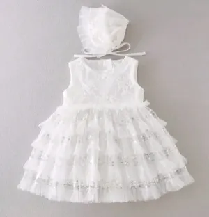 Frilled Shimmer Christening Dress & Bonnet