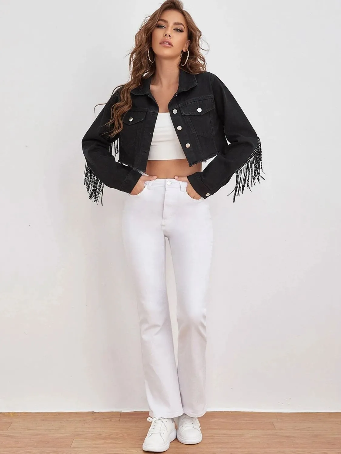 Fringe Detail Cropped Denim Jacket