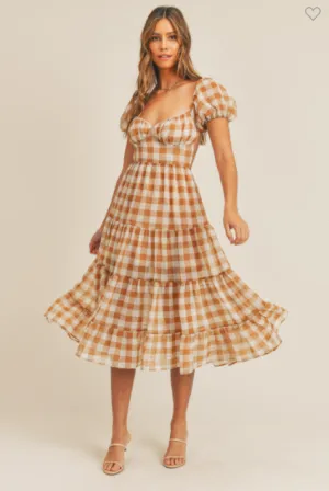 Gingham Plaid Open Tie Back Midi Dress