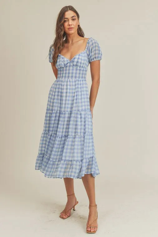 Gingham Plaid Open Tie Back Midi Dress