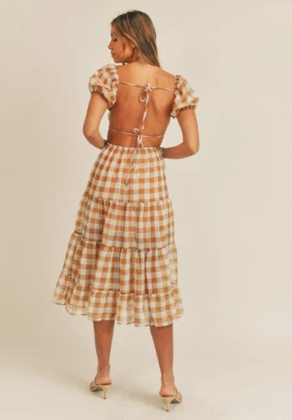 Gingham Plaid Open Tie Back Midi Dress