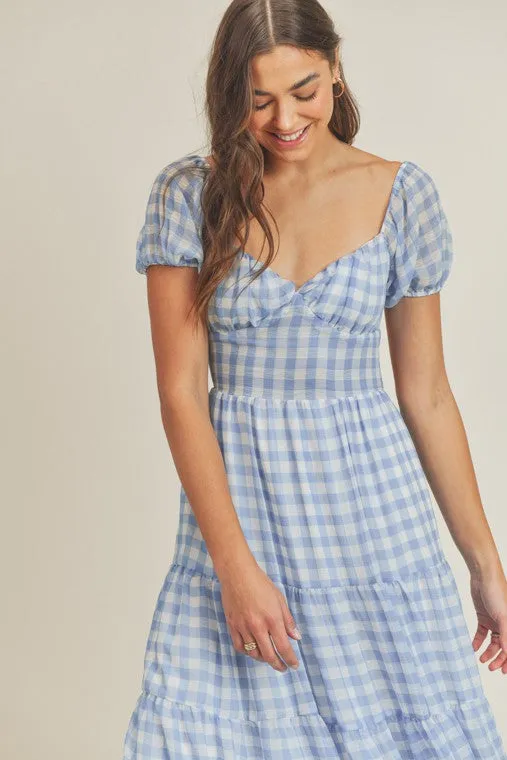 Gingham Plaid Open Tie Back Midi Dress