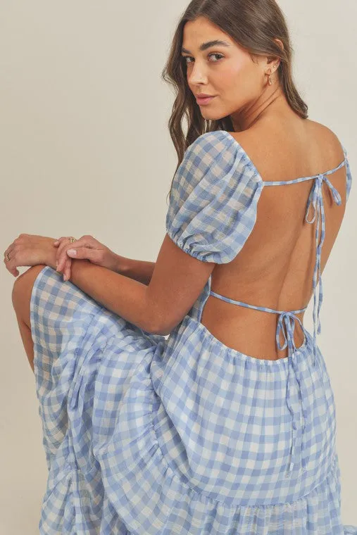 Gingham Plaid Open Tie Back Midi Dress