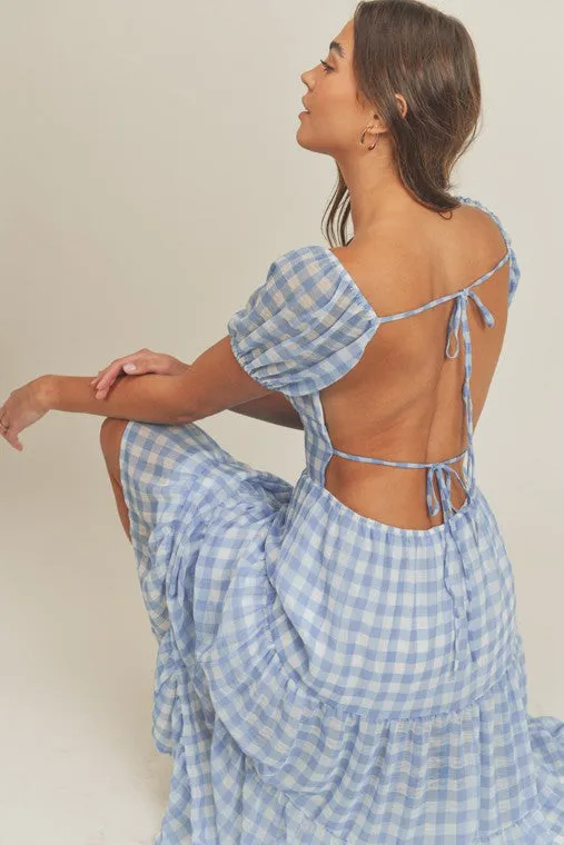 Gingham Plaid Open Tie Back Midi Dress