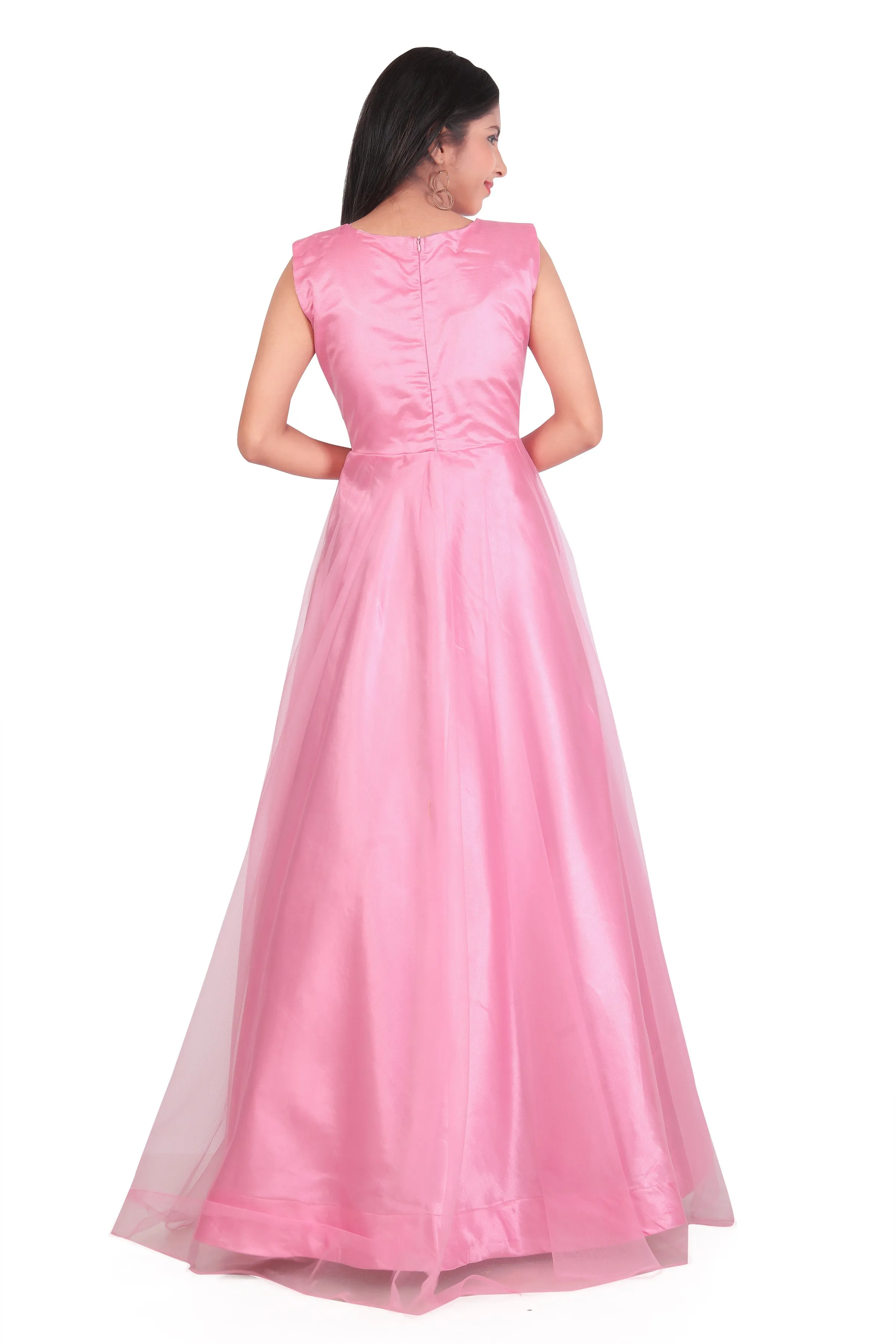 Girls Pink Embellished Bow Net Gown Dress Kids