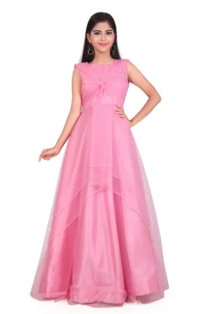 Girls Pink Embellished Bow Net Gown Dress Kids