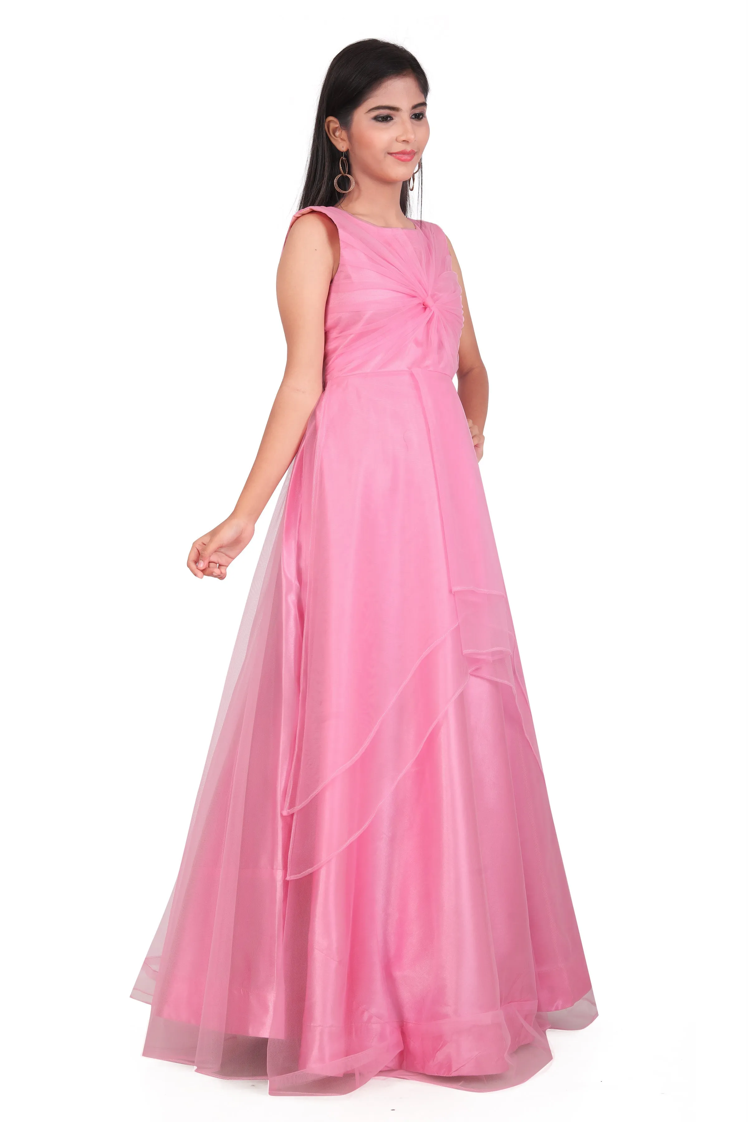 Girls Pink Embellished Bow Net Gown Dress Kids