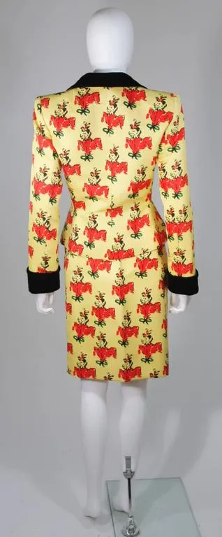 GIVENCHY 1980s Yellow Print Silk Suit w/ Velvet Trim Size 2-4