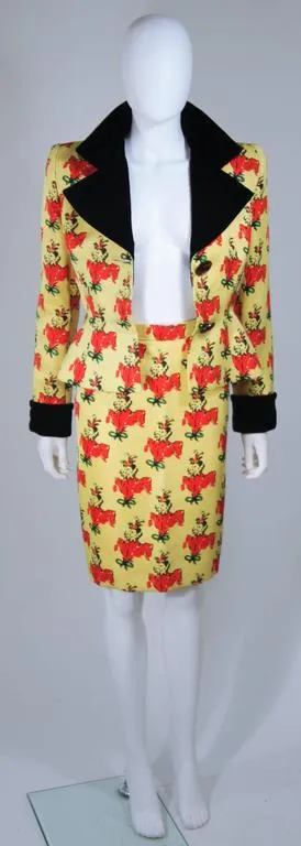 GIVENCHY 1980s Yellow Print Silk Suit w/ Velvet Trim Size 2-4