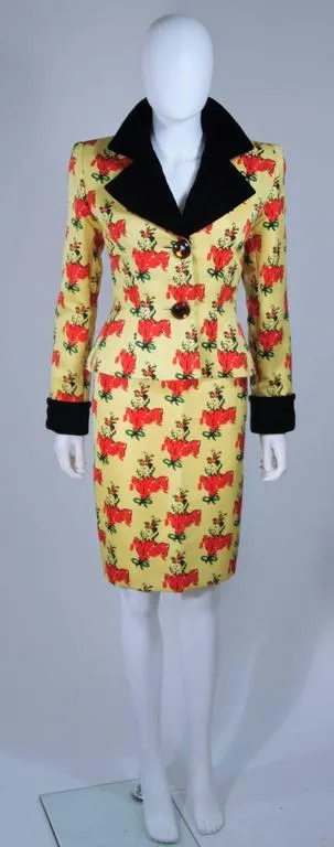 GIVENCHY 1980s Yellow Print Silk Suit w/ Velvet Trim Size 2-4