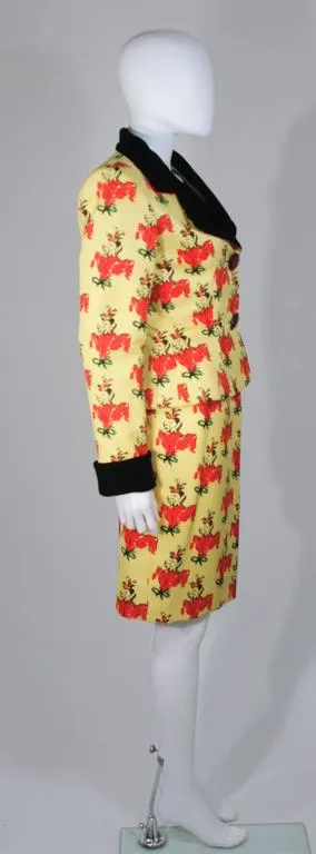 GIVENCHY 1980s Yellow Print Silk Suit w/ Velvet Trim Size 2-4