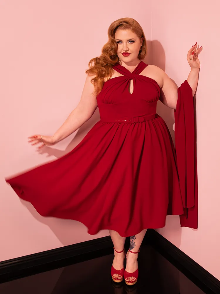 Golden Era Swing Dress and Scarf in Ruby Red - Vixen by Micheline Pitt