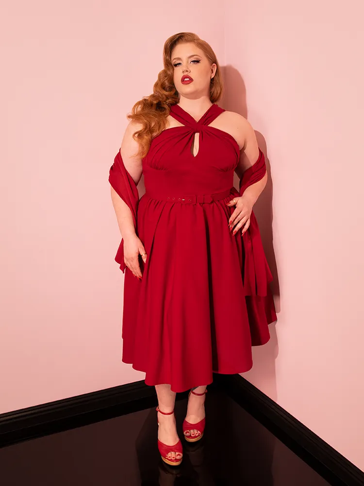 Golden Era Swing Dress and Scarf in Ruby Red - Vixen by Micheline Pitt