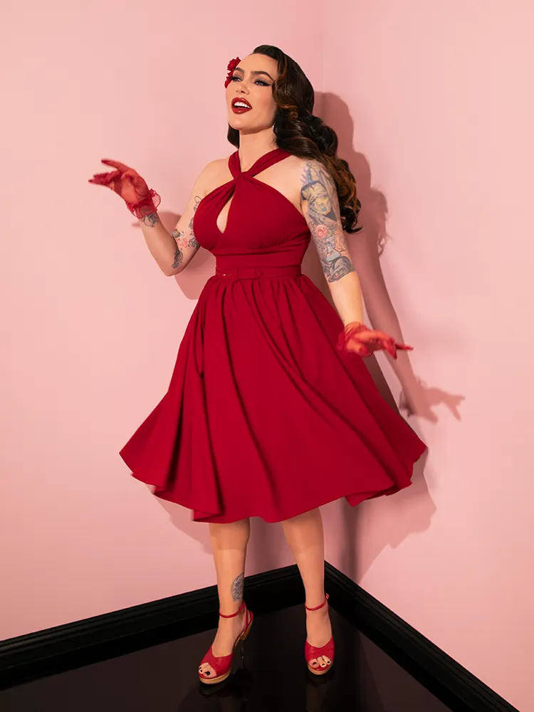 Golden Era Swing Dress and Scarf in Ruby Red - Vixen by Micheline Pitt