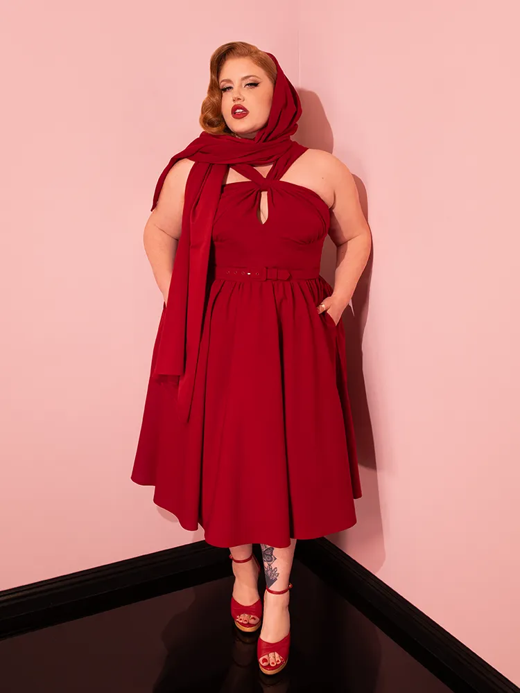 Golden Era Swing Dress and Scarf in Ruby Red - Vixen by Micheline Pitt