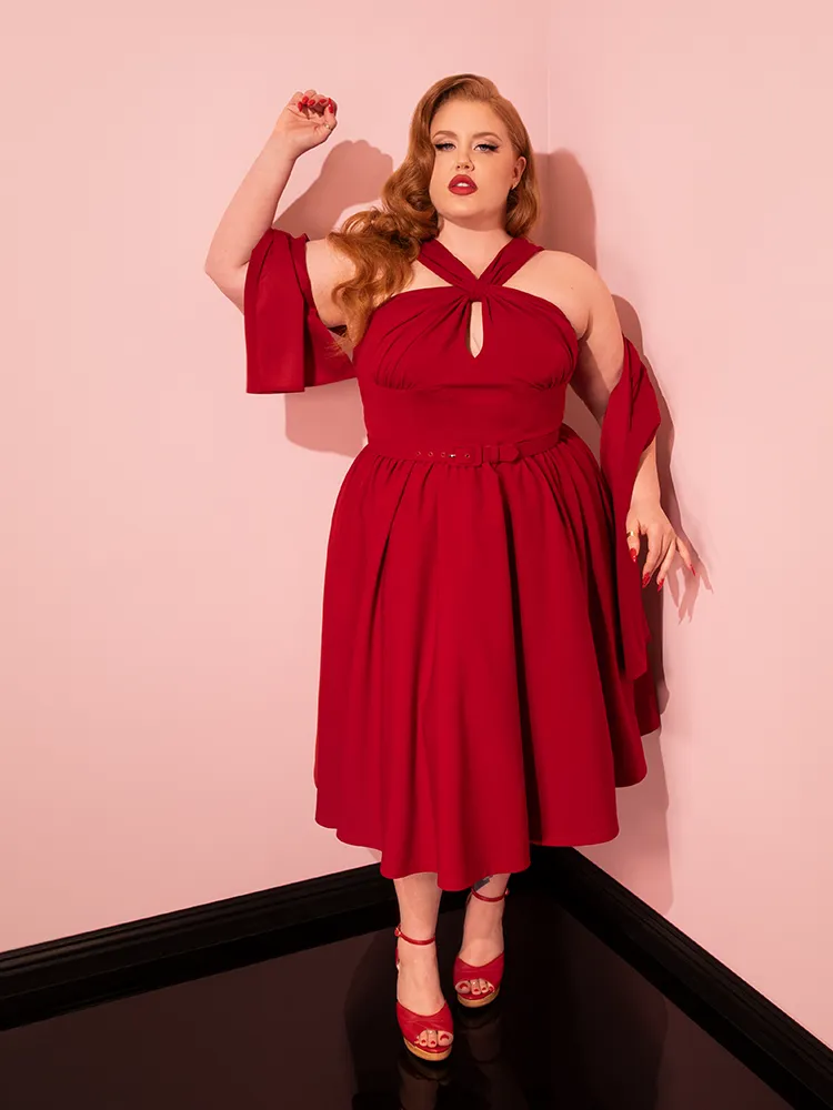 Golden Era Swing Dress and Scarf in Ruby Red - Vixen by Micheline Pitt