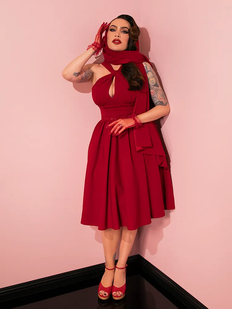 Golden Era Swing Dress and Scarf in Ruby Red - Vixen by Micheline Pitt