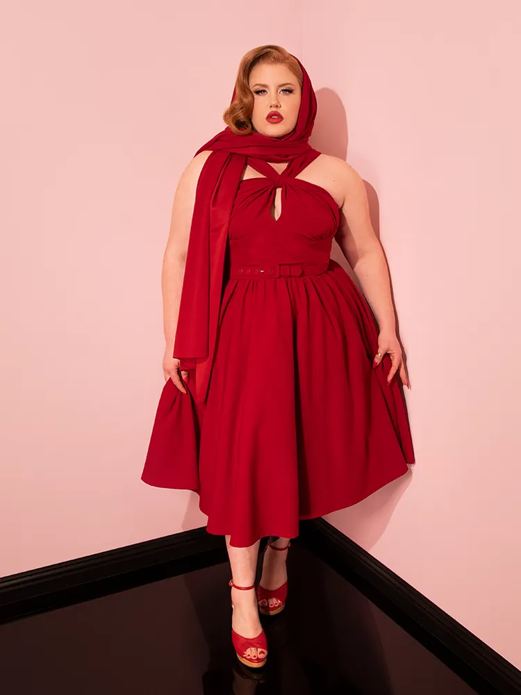 Golden Era Swing Dress and Scarf in Ruby Red - Vixen by Micheline Pitt