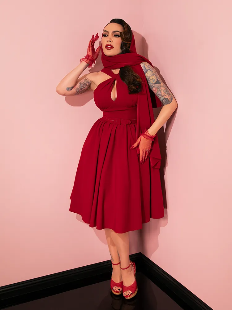 Golden Era Swing Dress and Scarf in Ruby Red - Vixen by Micheline Pitt