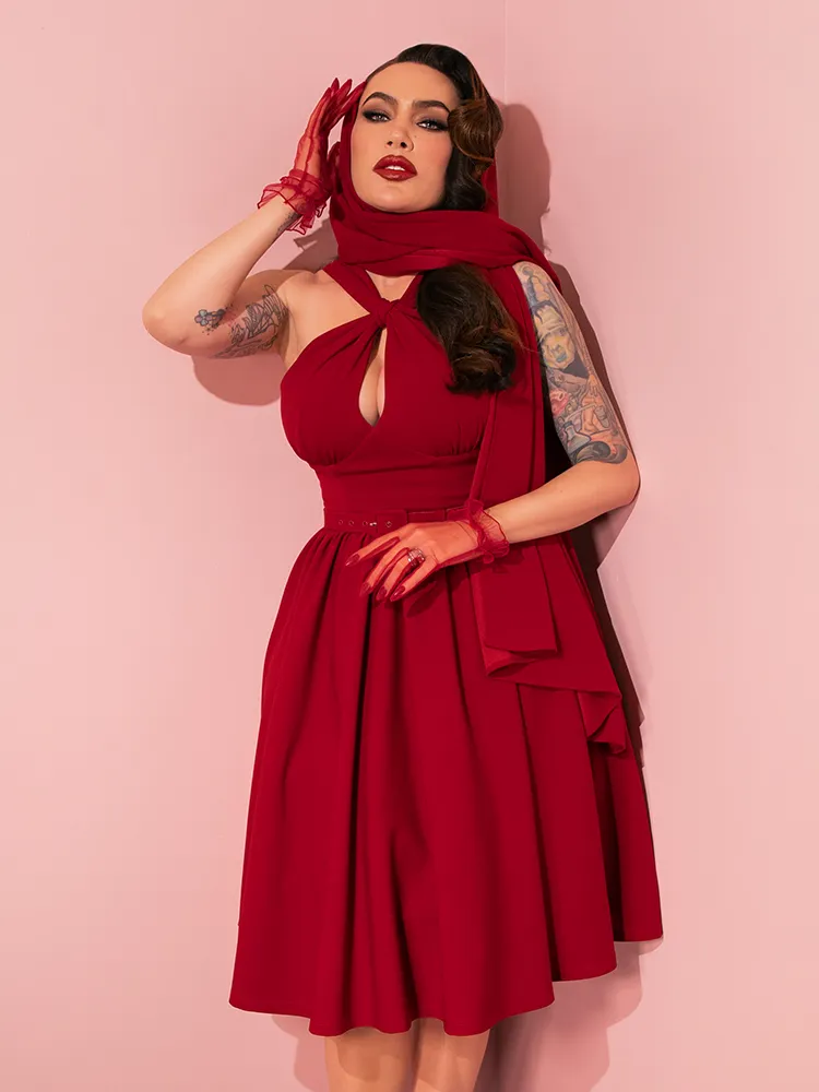 Golden Era Swing Dress and Scarf in Ruby Red - Vixen by Micheline Pitt