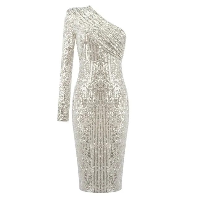 Golden Platinum Shoulder Dress - Sequins and Mesh Patchwork