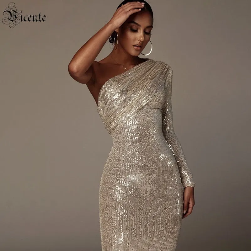 Golden Platinum Shoulder Dress - Sequins and Mesh Patchwork