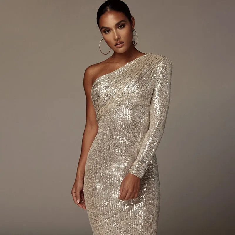 Golden Platinum Shoulder Dress - Sequins and Mesh Patchwork