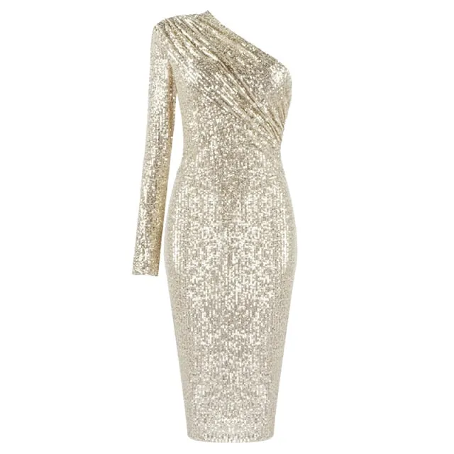 Golden Platinum Shoulder Dress - Sequins and Mesh Patchwork