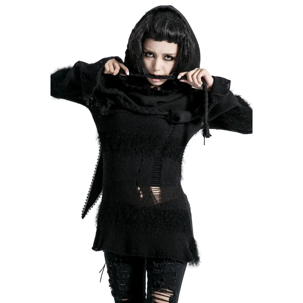 Gothic Female Black Knitted Wool Cape / Fashion Women's Hooded Long Capes in Punk Style