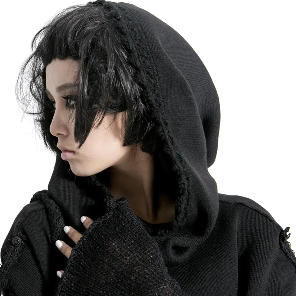 Gothic Female Black Knitted Wool Cape / Fashion Women's Hooded Long Capes in Punk Style