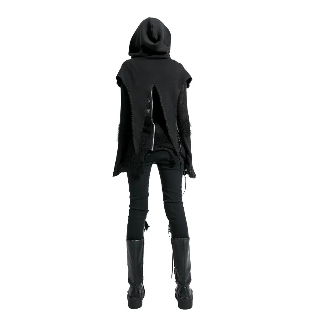 Gothic Female Black Knitted Wool Cape / Fashion Women's Hooded Long Capes in Punk Style