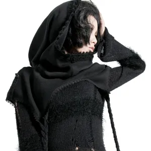 Gothic Female Black Knitted Wool Cape / Fashion Women's Hooded Long Capes in Punk Style