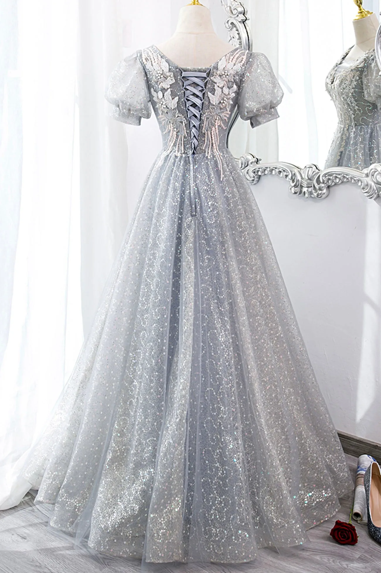 Gray Lace Long A-Line Prom Dress with Sequins, Cute Short Sleeve Evening Dress