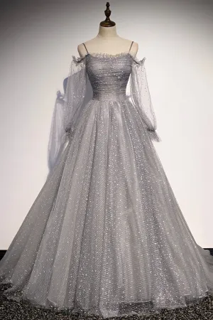 Gray Tulle Sequins Long Prom Dress, Long Sleeve Evening Dress