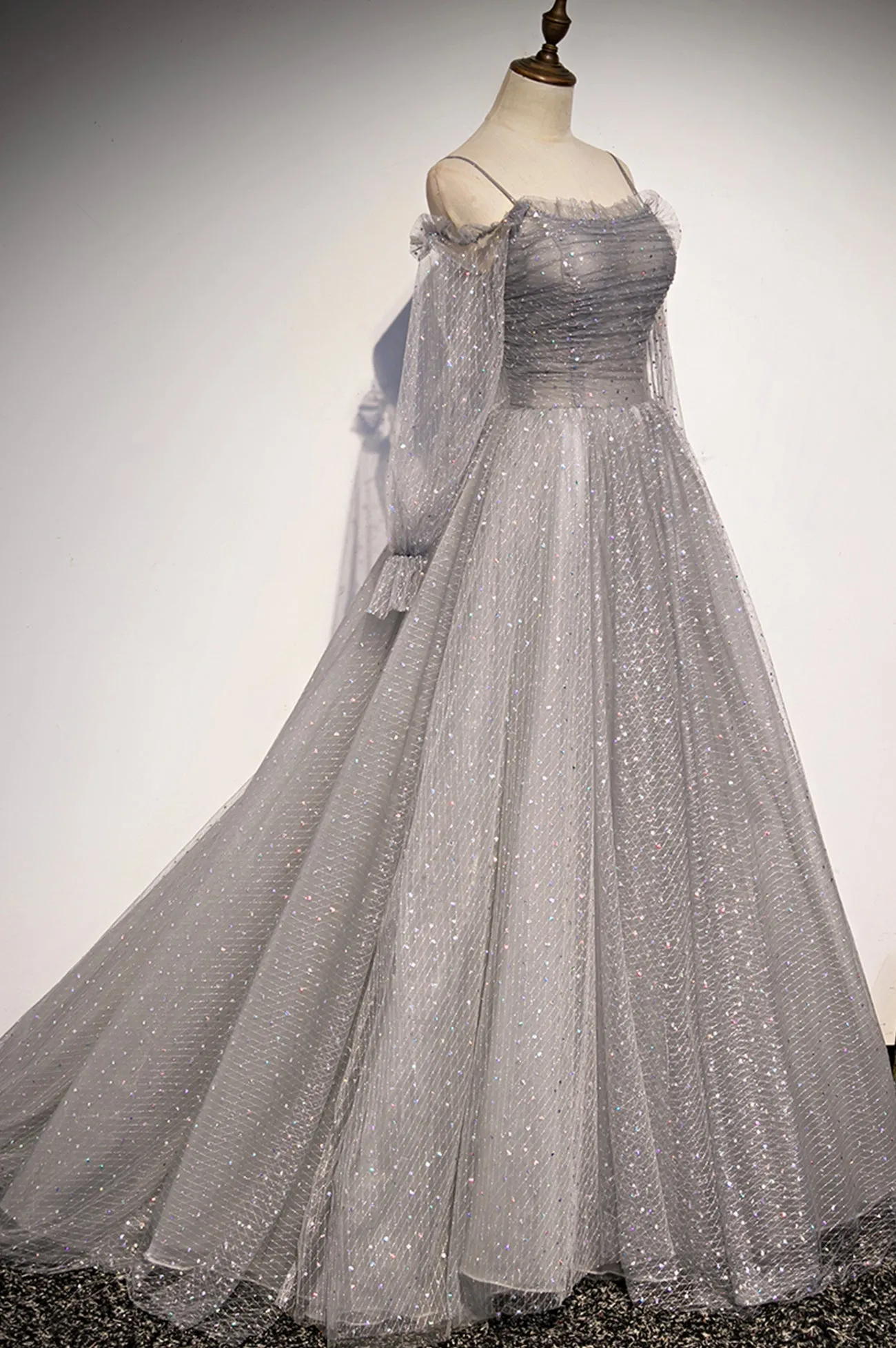 Gray Tulle Sequins Long Prom Dress, Long Sleeve Evening Dress