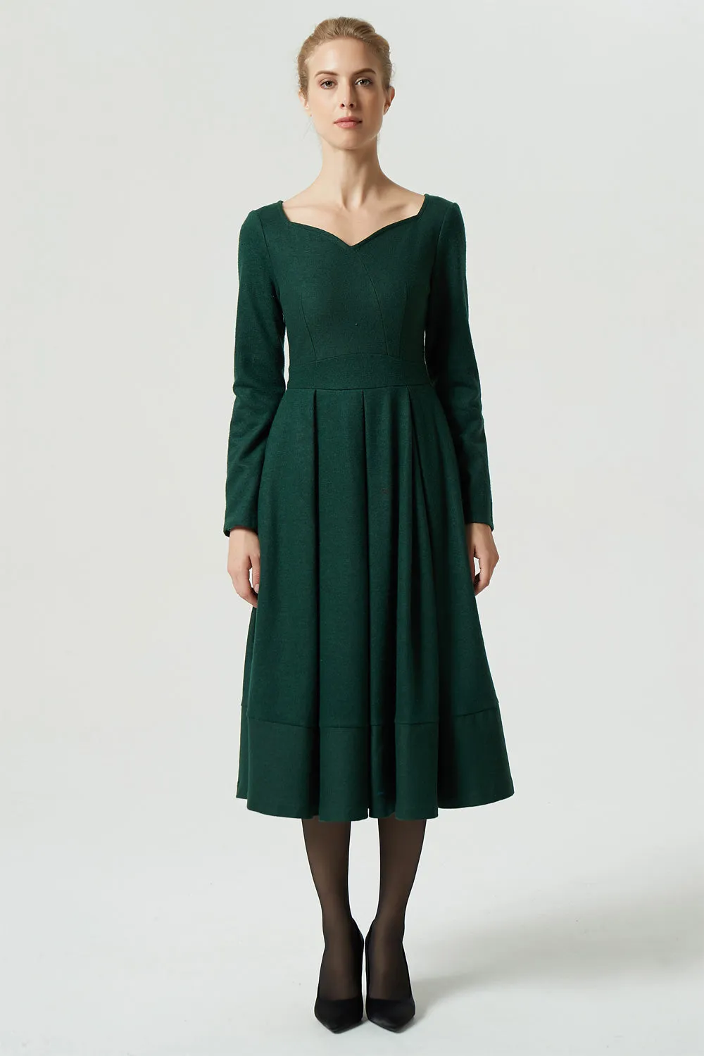 Green dress, wool dress, midi dress, pleated dress, long dress, winter dress, women dress 1993