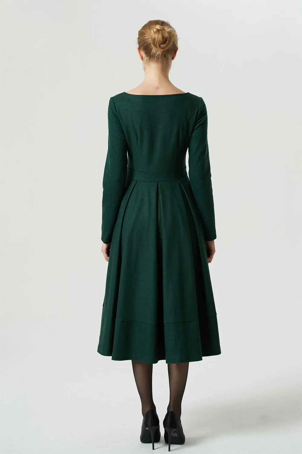 Green dress, wool dress, midi dress, pleated dress, long dress, winter dress, women dress 1993