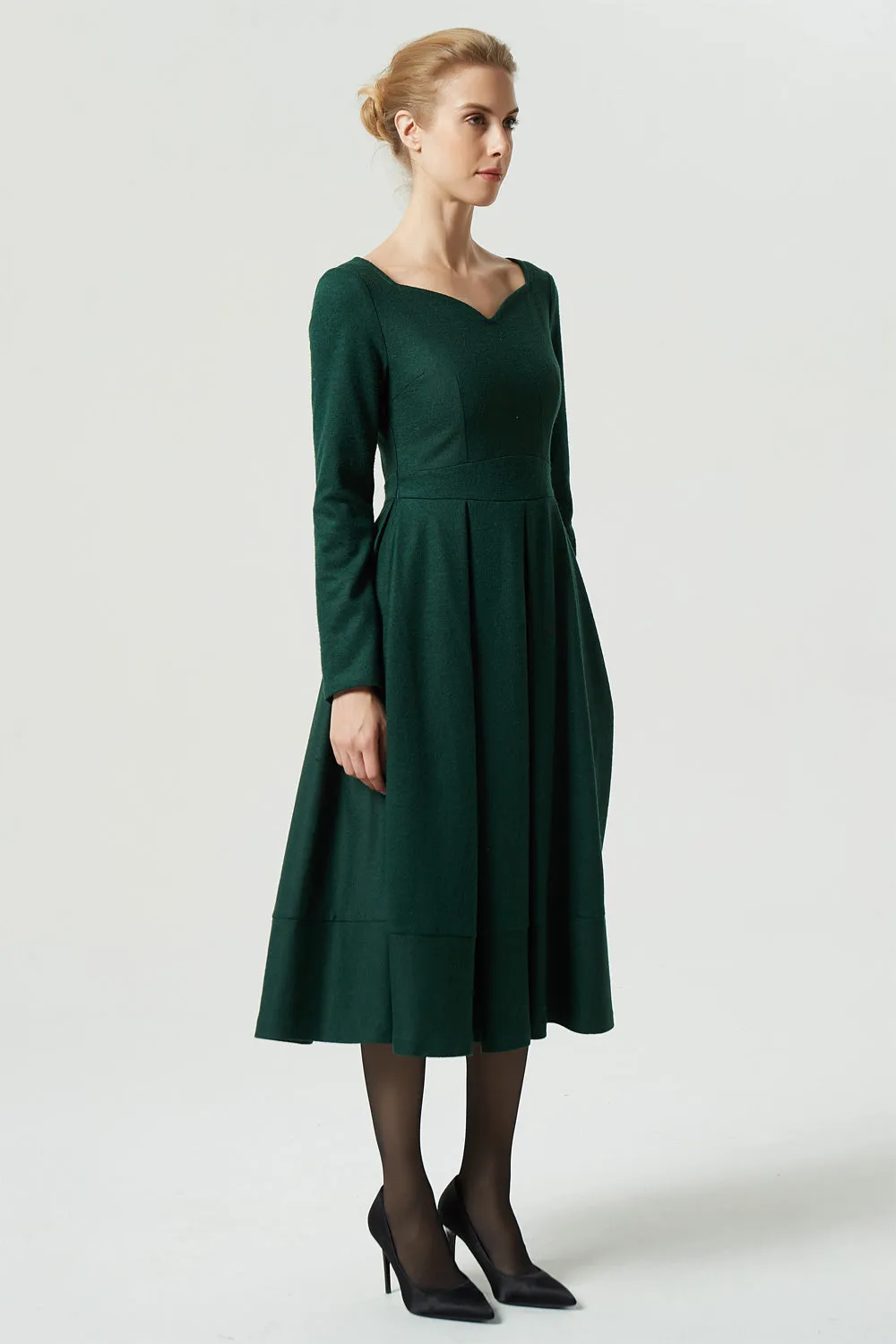 Green dress, wool dress, midi dress, pleated dress, long dress, winter dress, women dress 1993