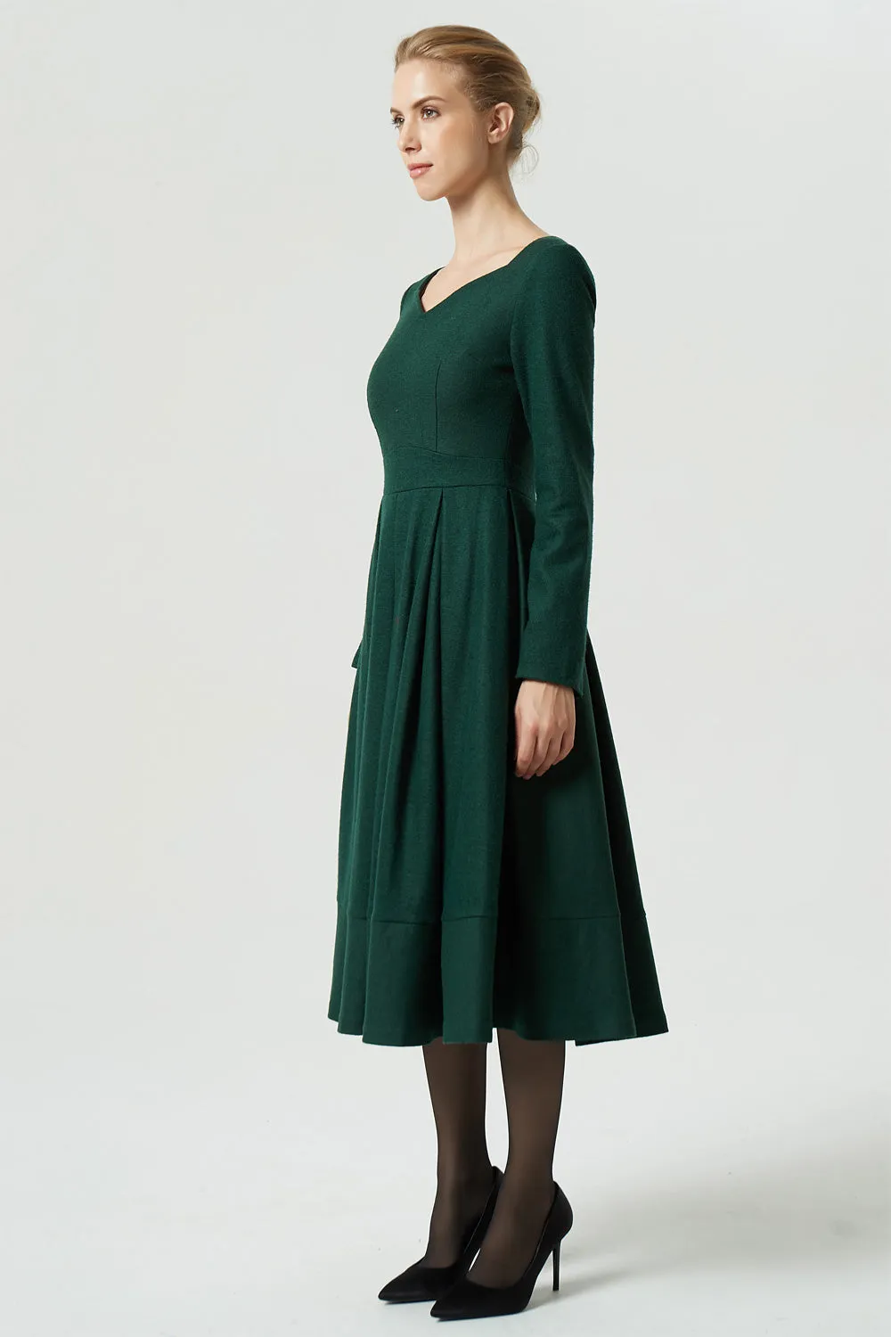 Green dress, wool dress, midi dress, pleated dress, long dress, winter dress, women dress 1993