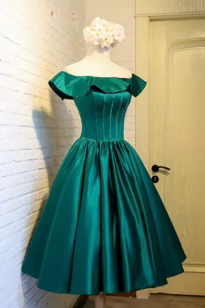 Green Satin Short Prom Dress, A-Line Off the Shoulder Evening Party Dress