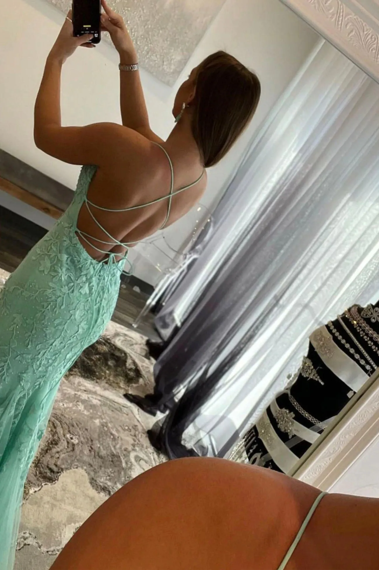 Green Spaghetti Strap Lace Long Prom Dress, Mermaid Backless Evening Dress