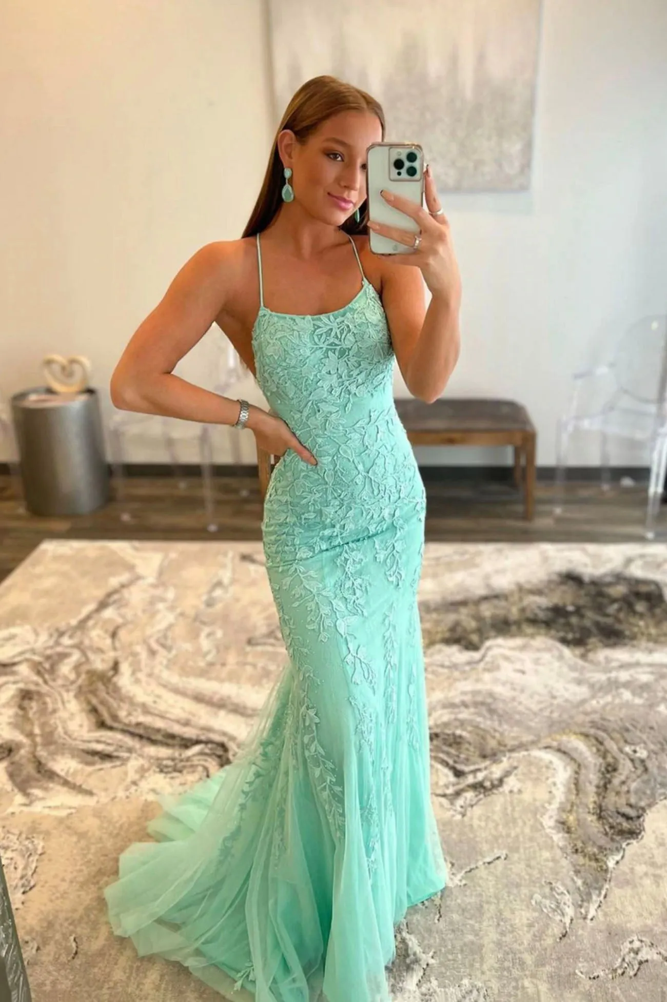 Green Spaghetti Strap Lace Long Prom Dress, Mermaid Backless Evening Dress