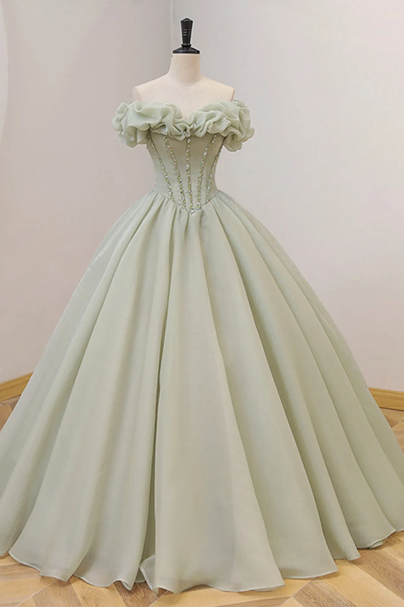 Green Tulle Sequins Long A-Line Ball Gown