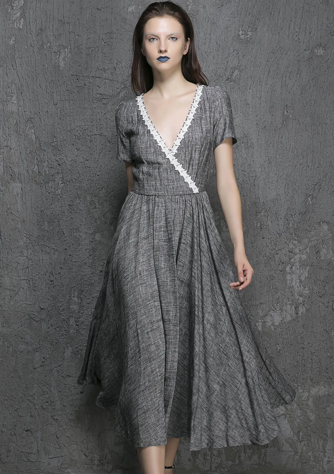 Grey linen midi summer dress with white lace for wedding bridesmaid 1319