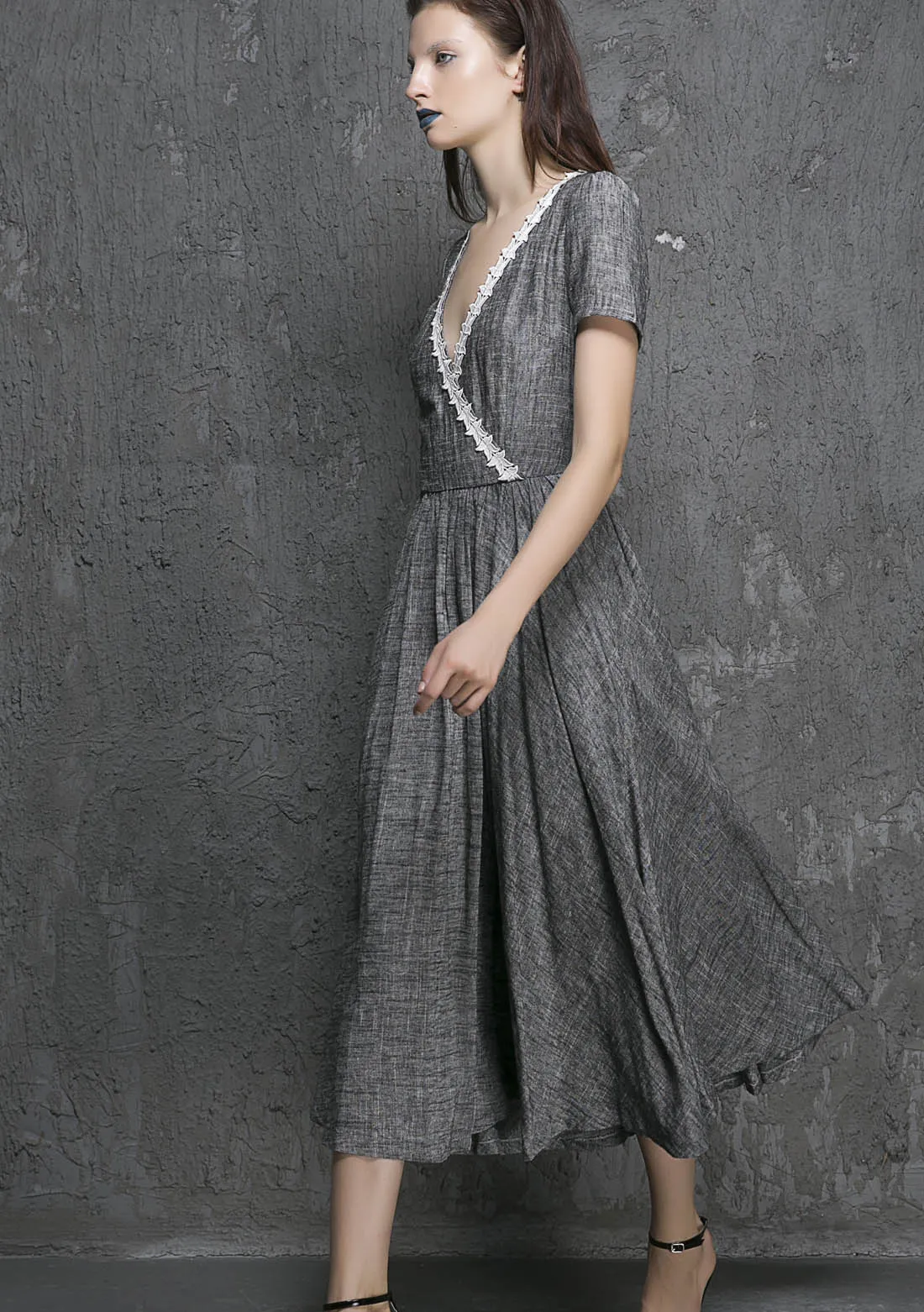 Grey linen midi summer dress with white lace for wedding bridesmaid 1319