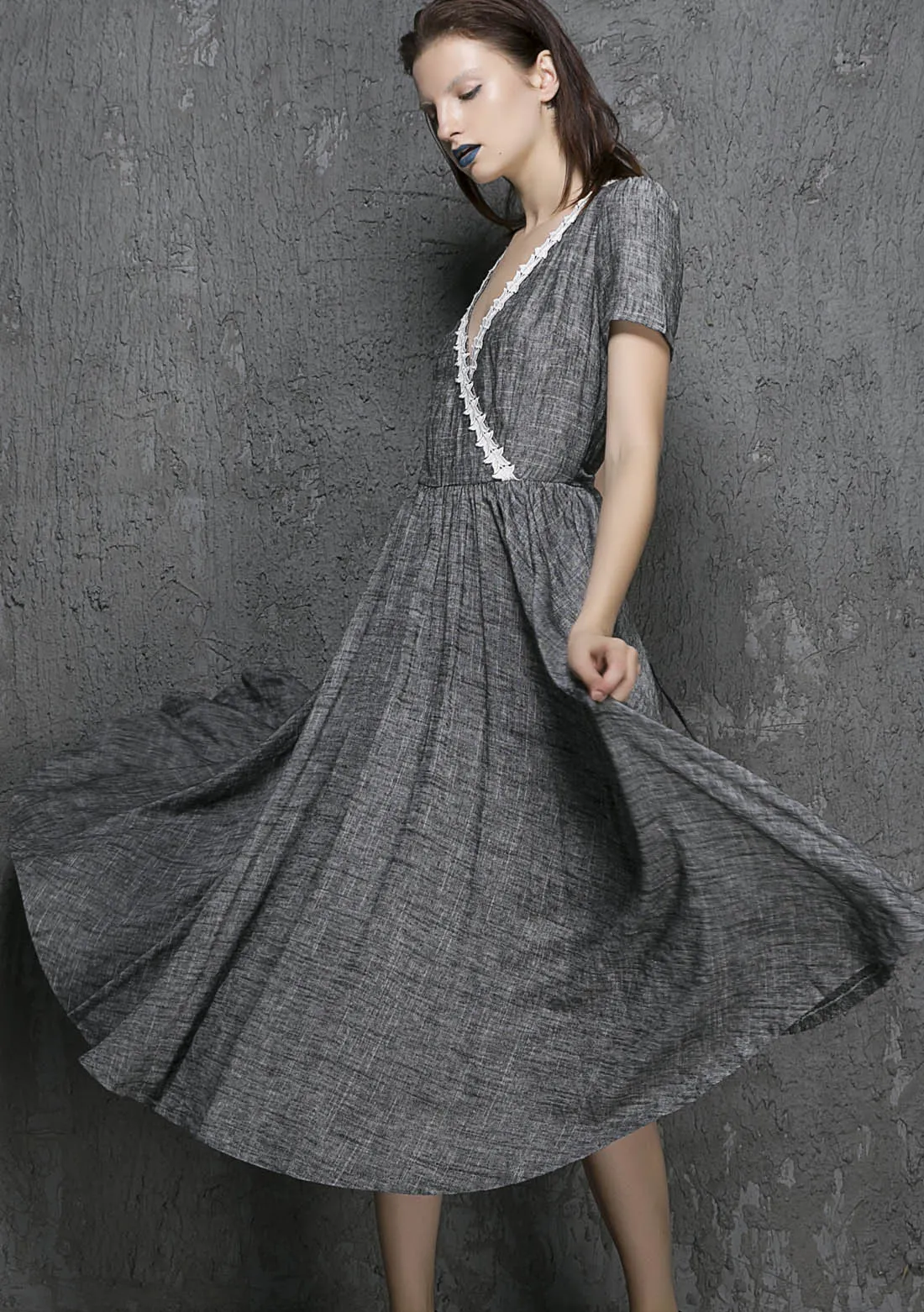 Grey linen midi summer dress with white lace for wedding bridesmaid 1319