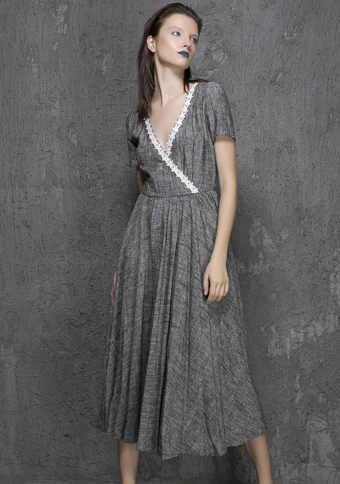 Grey linen midi summer dress with white lace for wedding bridesmaid 1319