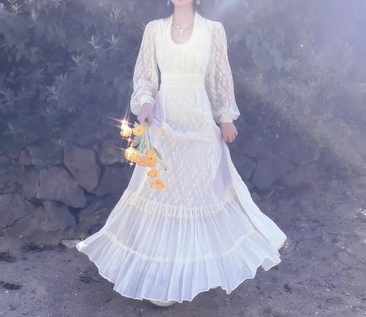 Gunne Sax Remake Lace Prairie Puff Sleeves Dress