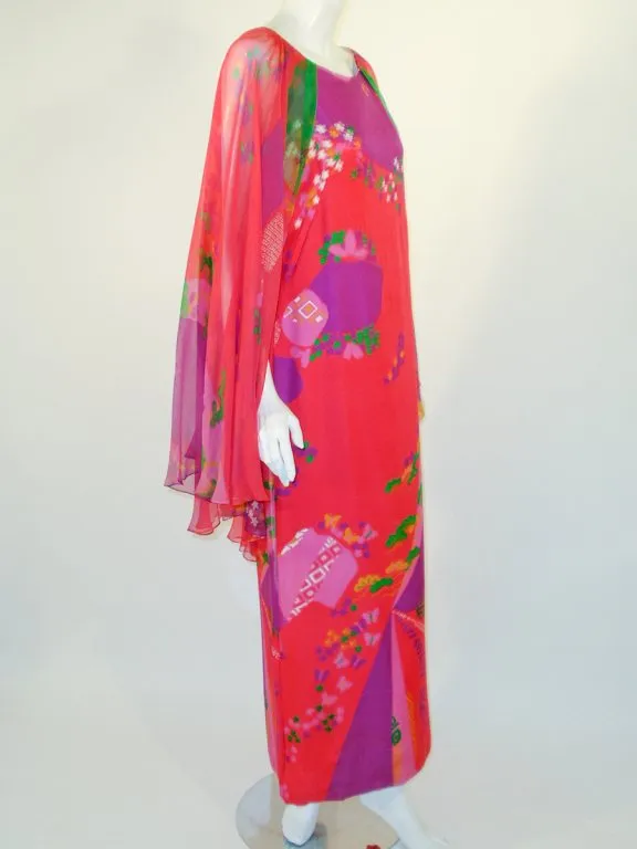 HANAE MORI Floral Print Silk Chiffon Caftan Gown