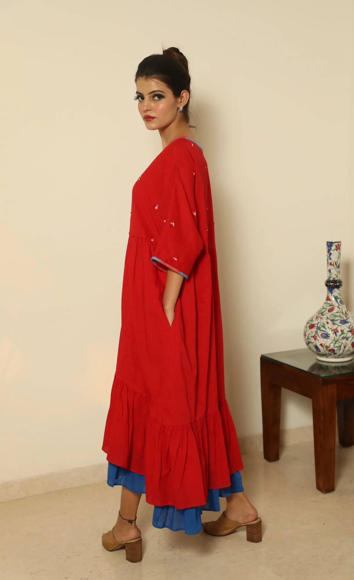 High-low layered Dress- Red